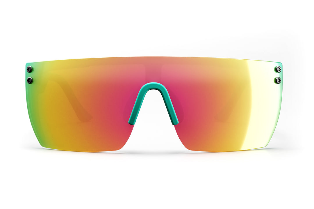 Front view of Heat Wave Visual Kids Lazer Face Sunglasses with aqua frame, aqua splash print arms and spectrum pink yellow lens. 