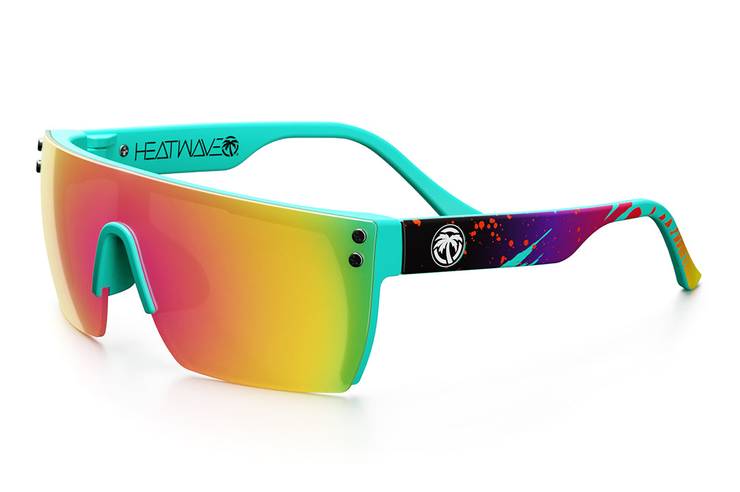 Heat Wave Visual Kids Lazer Face Sunglasses with aqua frame, aqua splash print arms and spectrum pink yellow lens.