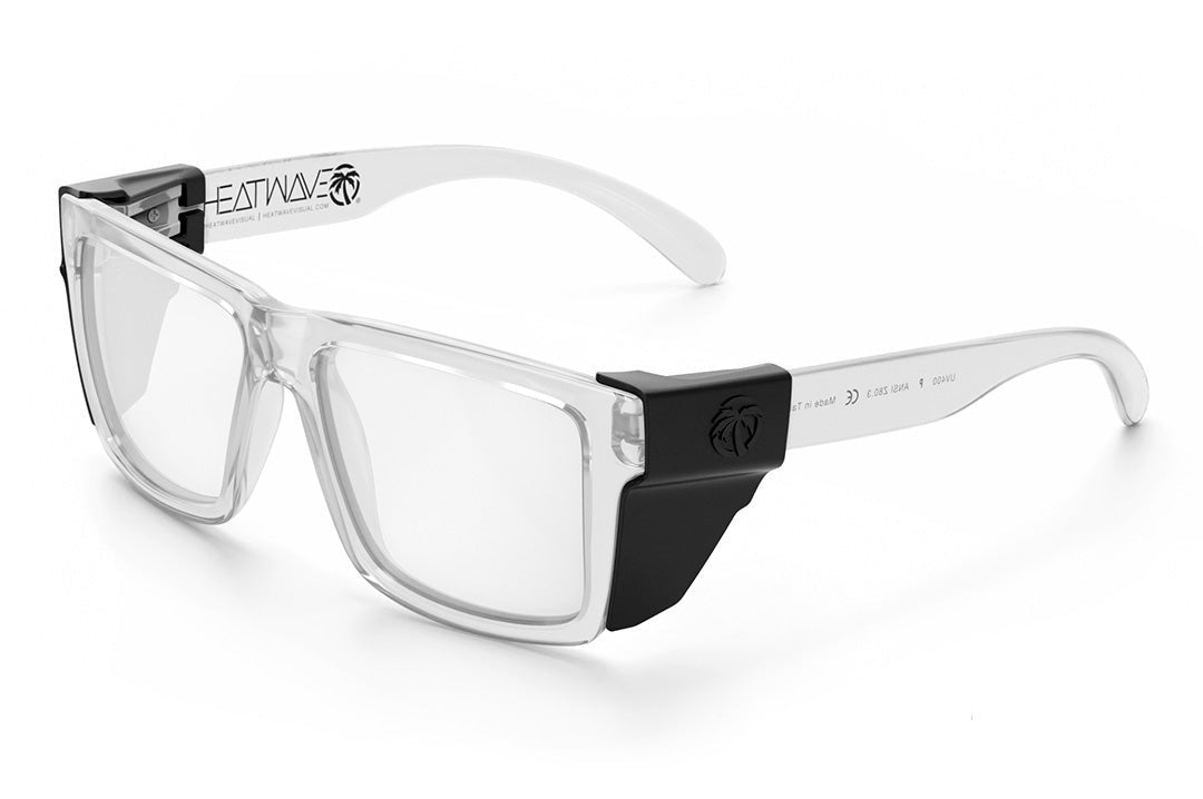 Heat Wave Visual Vise Z87 Sunglasses with clear frame, clear lenses and black side shields.