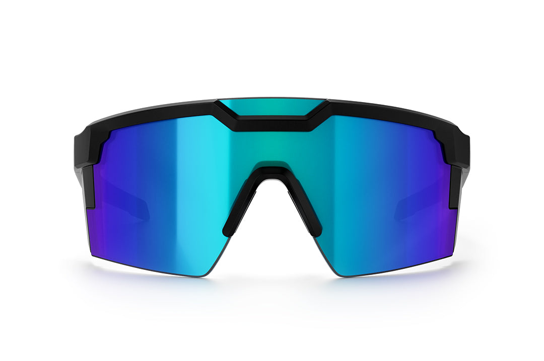 Front of the Heat Wave Visual Future Tech Sunglasses with black frame and galaxy blue lens.