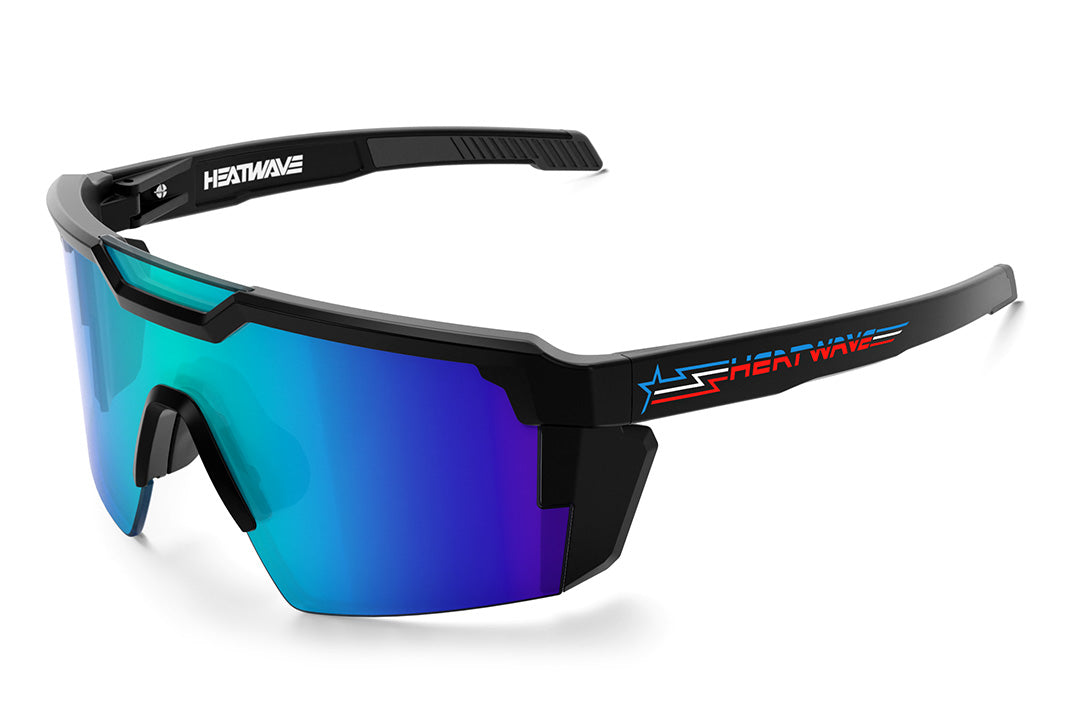 Heat Wave Visual Future Tech Sunglasses with black frame, speed star arms and galaxy blue lens.