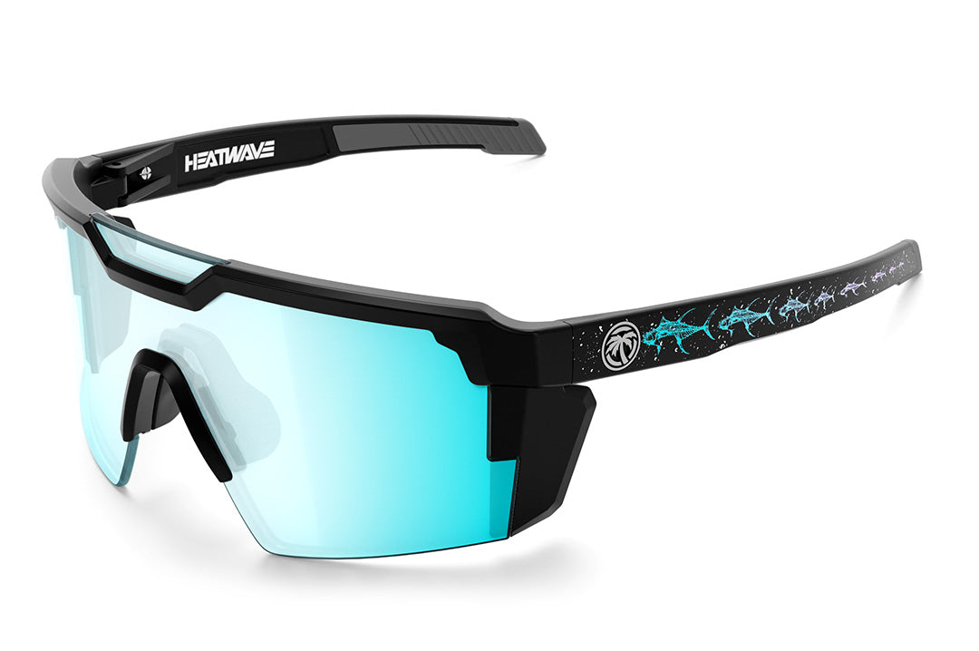 Heat Wave Visual Future Tech Sunglasses with black frame, tuna bones print arms and arctic chrome lens.