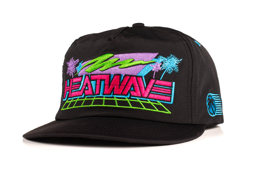 Heat Wave Visual Galleria Hat with pink and blue design on black hat. 