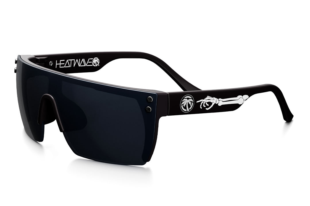 Heat Wave Visual Lazer Face Kids Sunglasses with black frame, bones print arms and black lens.