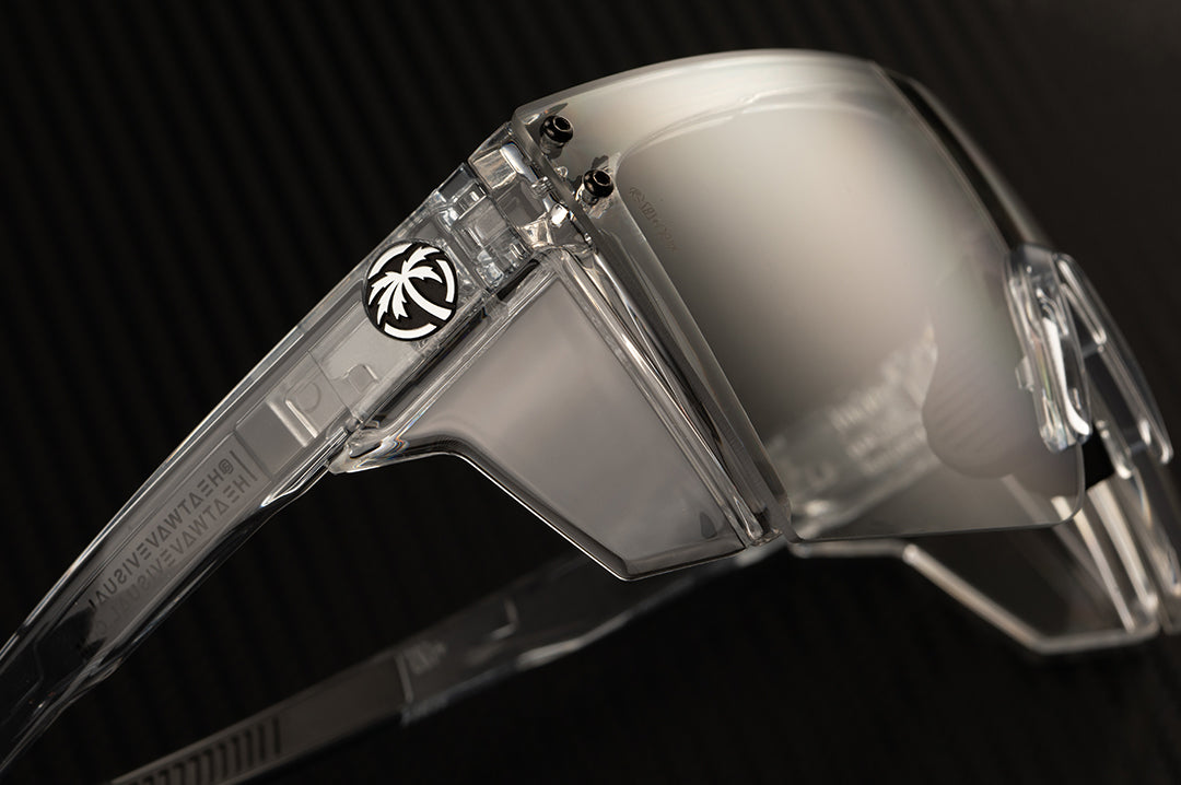 Detail of the Heat Wave Visual Performance XL Lazer Face Sunglasses with clear frame, anti-fog clear lens and clear side shields.