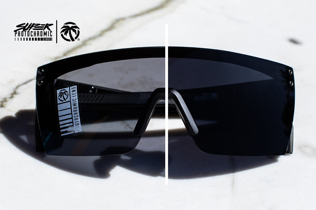 Heat Wave Performance Lazer Super Photochromic sunglasses showing the change from black to ultra black lens.