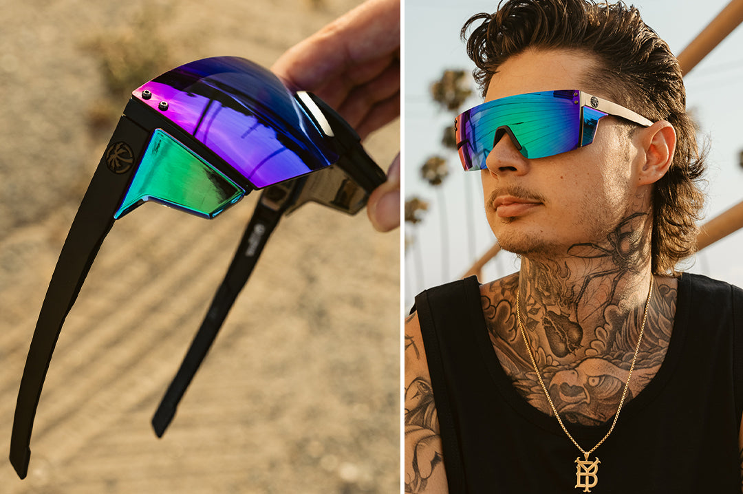 Young dude wearing the Heat Wave Visual Performance Lazer Face Sunglasses with black frame, piff green blue lens and matching colored side shields.