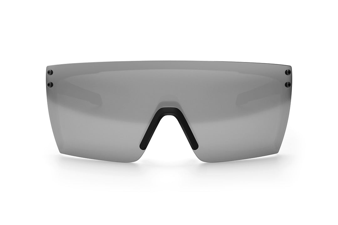 Front view of the Heat Wave Visual Performance Lazer Face Sunglasses with black frame and silver lens.