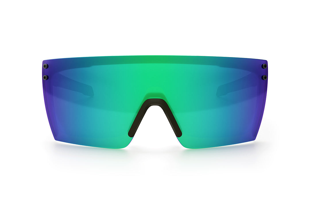 Front view of the  Heat Wave Visual Performance Lazer Face Sunglasses with black frame and  piff green blue lens.
