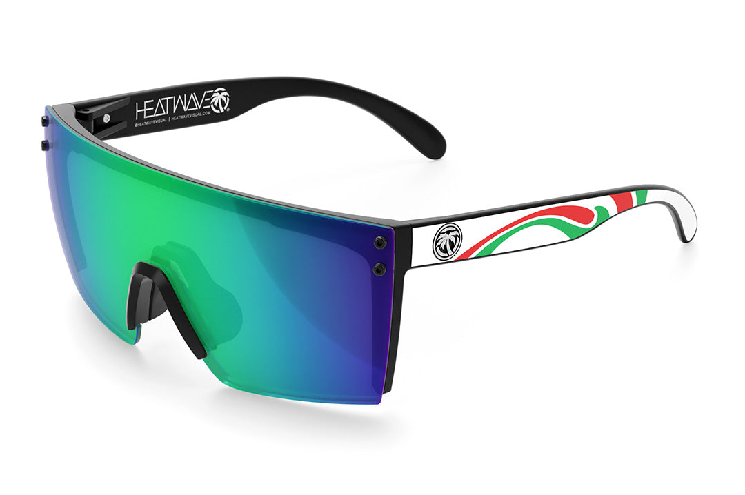 Heat Wave Visual Lazer Face Sunglasses with black frame, friction print arms and piff green blue lens 
