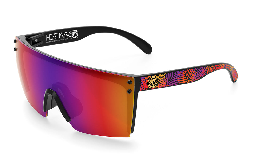 Heat Wave Visual Lazer Face Sunglasses with black frame, neon palm print arms and atmosphere red blue lens. 