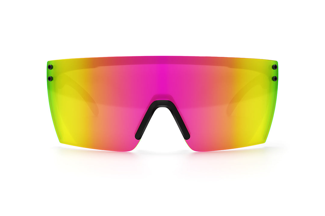 Front view of Heat Wave Visual Lazer Face Sunglasses with black frame and spectrum pink yellow lens.
