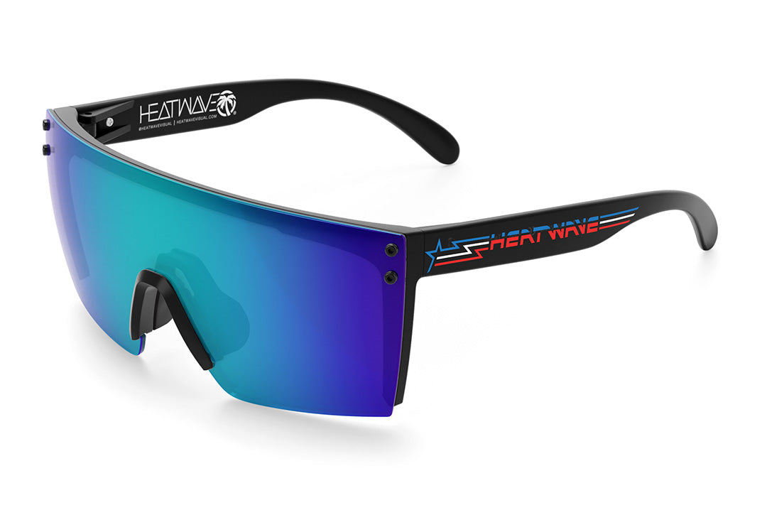 Heat Wave Visual Lazer Face Sunglasses with black frame, speed star arms and galaxy blue lens. 