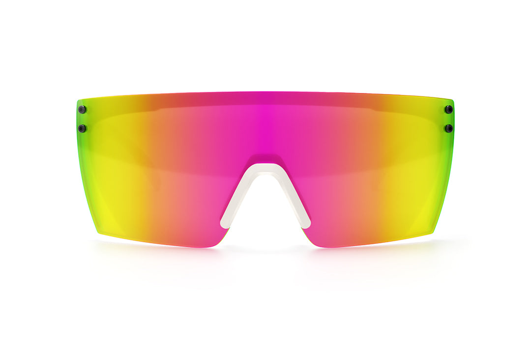 Front view of Heat Wave Visual Lazer Face Sunglasses with white frame and spectrum pink yellow lens.