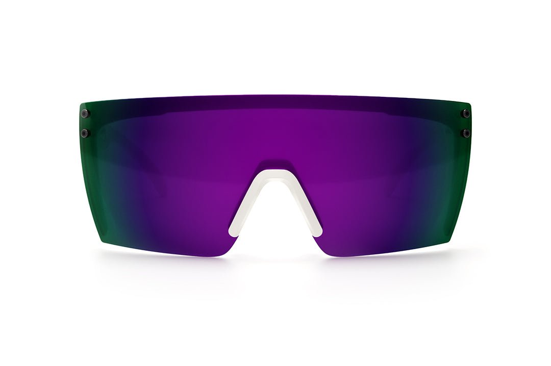 Front view of Heat Wave Visual Lazer Face Sunglasses with white frame and ultra violet lens.