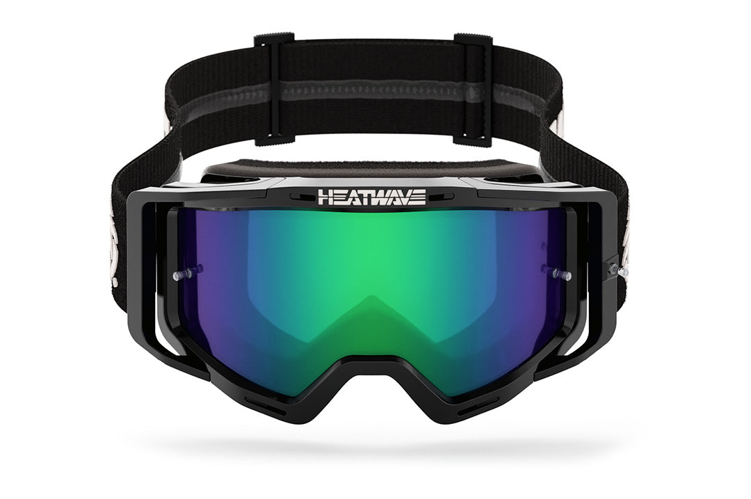 Front view of the Heat Wave Visual MXG 250 Motosport Goggle in the billboard icon black with piff green blue lens.