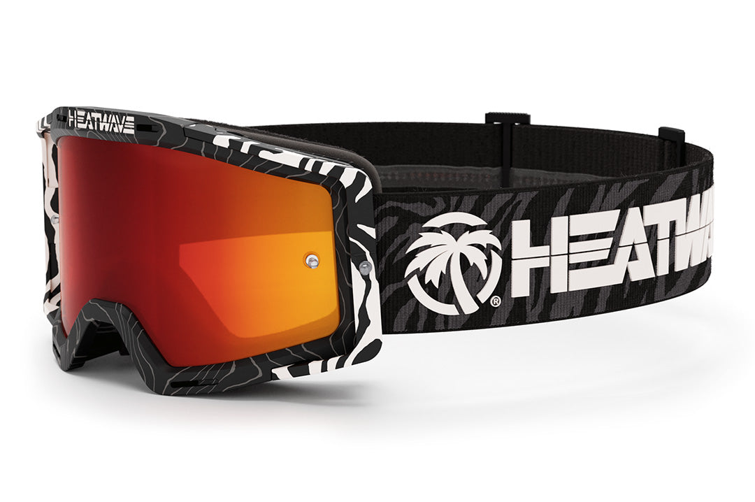 Heat Wave Visual MXG 250 Motorsport Goggles in the Patrick Evans zebra stirpe color with firestorm red lens.