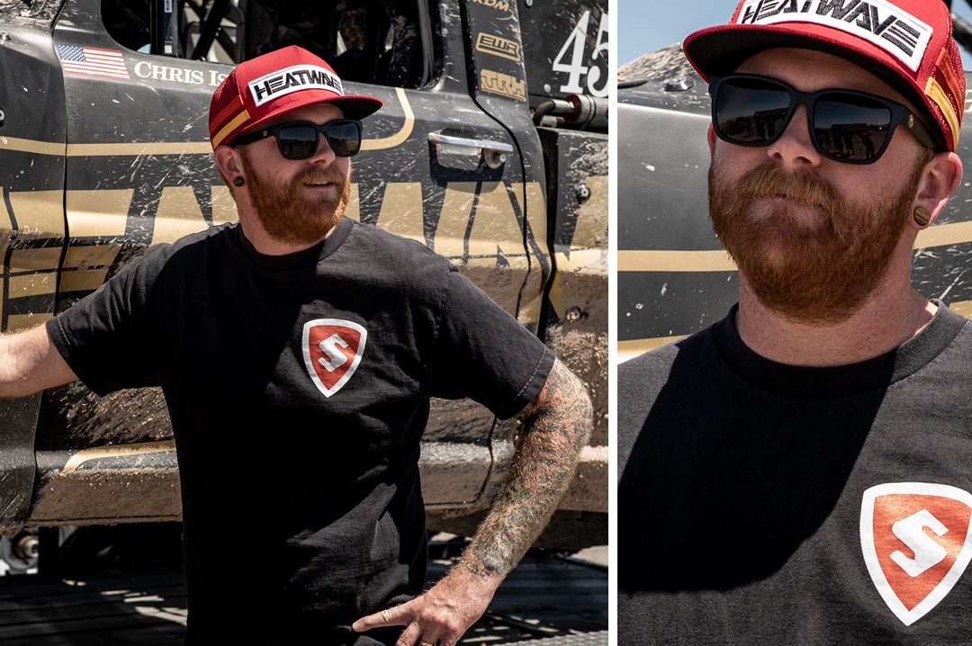 Truck racer Nick Isenhour wearing Heat Wave Visual Apollo Sunglasses with black frame and black lenses.