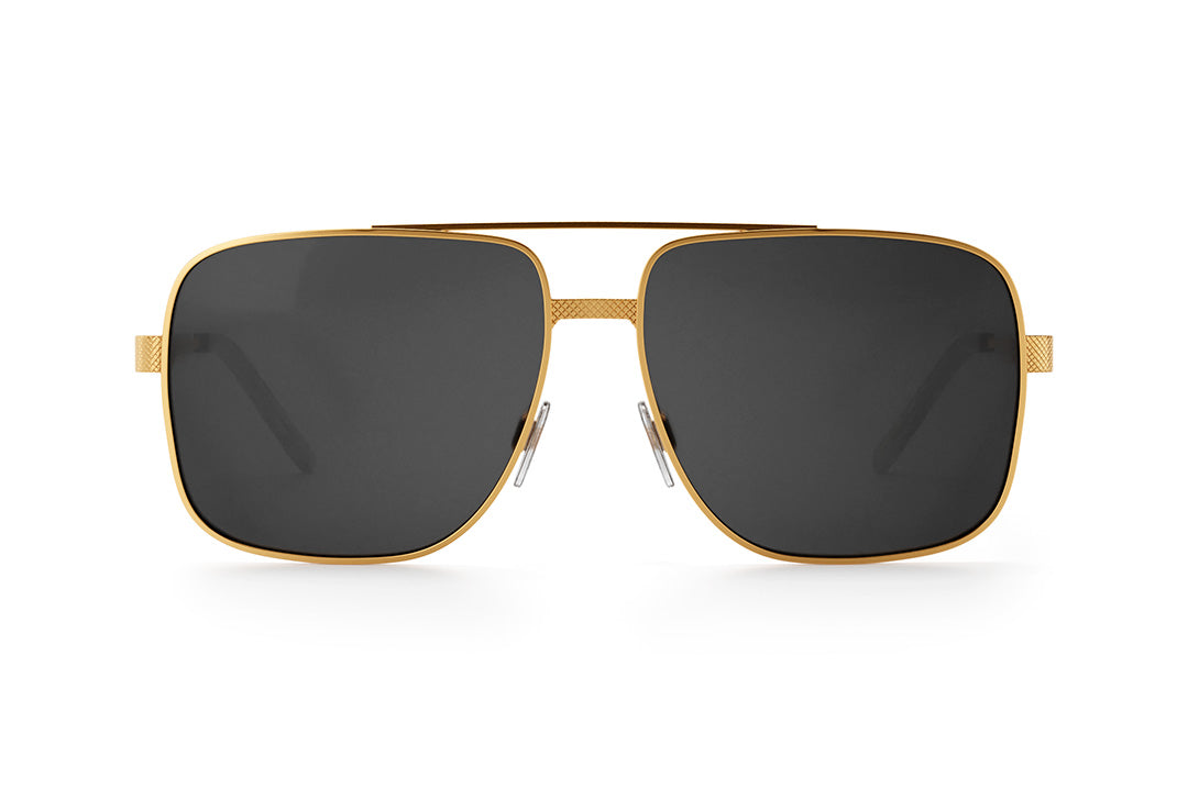 Front view of the Heat Wave Visual Nimitz Sunglasses with gold frame and black lenses.