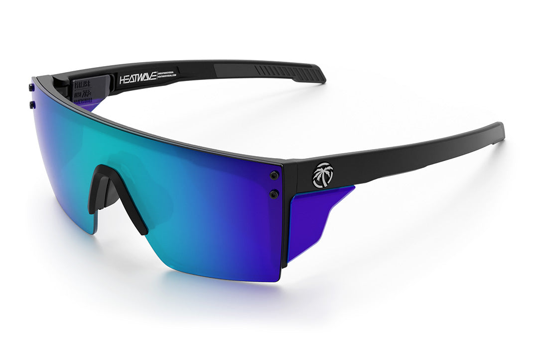 Heat Wave Visual Performance Lazer SLIM Sunglasses with black frame, galaxy blue lens and matching side shields.
