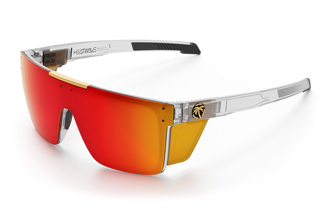Heat Wave Visual Performance Quatro Sunglasses with clear frame, sunblast red orange lens and matching side shields.