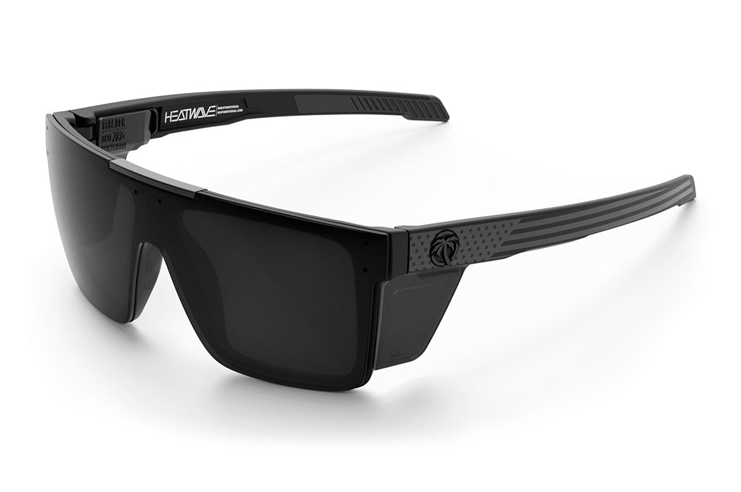 Heat Wave Visual Performance Quatro Sunglasses with black frame, socom print arms, black lens and matching side shields.