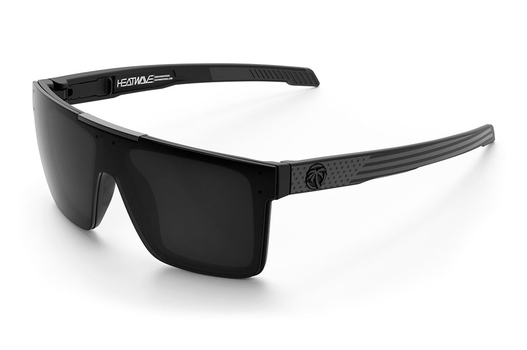 Heat Wave Visual Performance Quatro Sunglasses with black frame, socom print arms and black lens.
