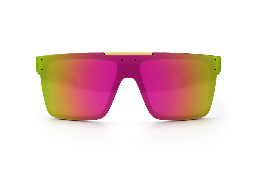 Front view of the Heat Wave Visual Performance Quatro with black frame, spectrum pink yellow lens and matching side shields.