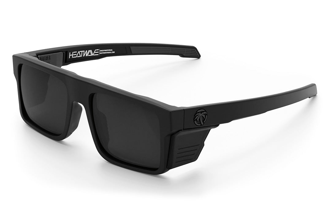 Heat Wave Visual Performance Rayth Sunglasses with black frame, black lenses and matching side shields. 