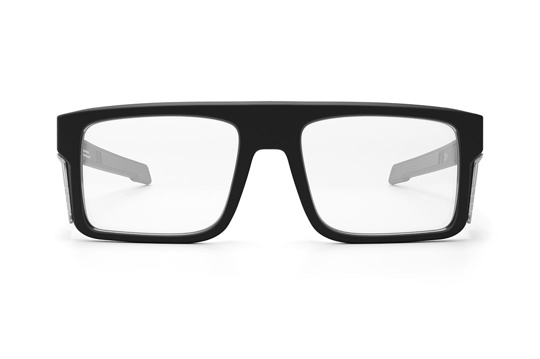 Front view of the Heat Wave Visual Performance Rayth Sunglasses with black frame, anti-fog clear lenses and clear side shields. 