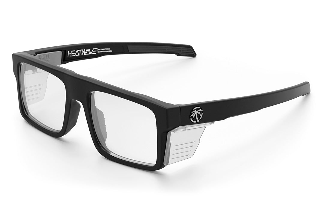 Heat Wave Visual Performance Rayth Sunglasses with black frame, anti-fog clear lenses and clear side shields.
