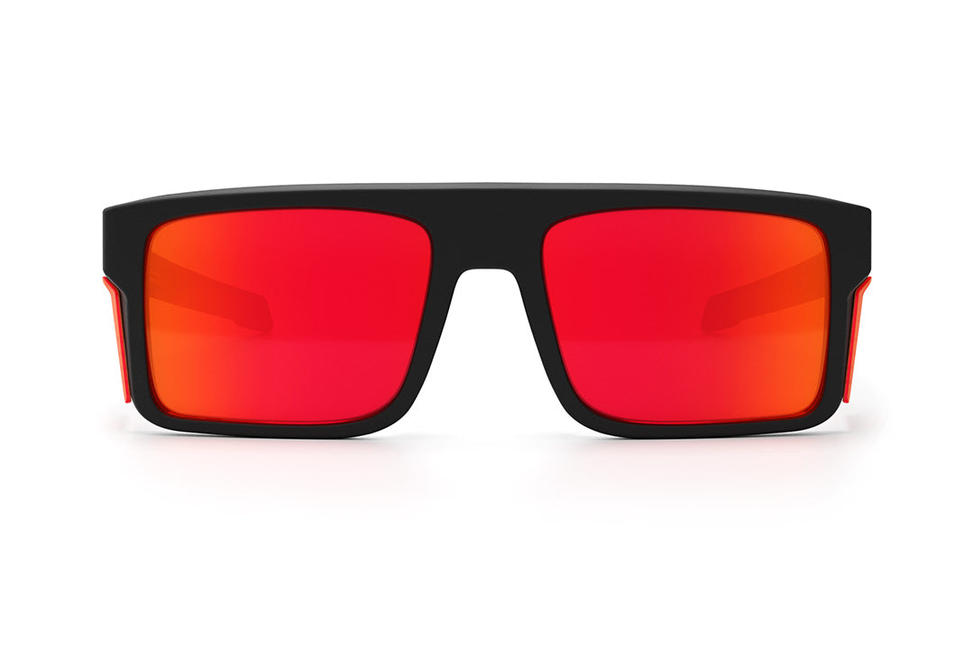 Front view for the Heat Wave Visual Performance Rayth Sunglasses with black frame, firestorm red lenses and matching side shields.