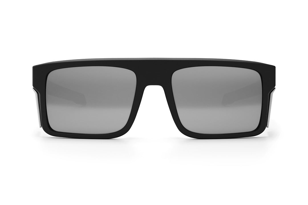 Front view of the Heat Wave Visual Performance Rayth Sunglasses with black frame, silver lenses and matching side shields.