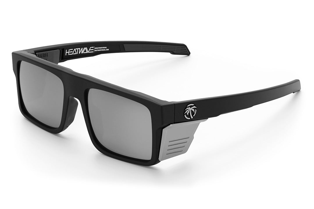 Heat Wave Visual Performance Rayth Sunglasses with black frame, silver lenses and matching side shields.