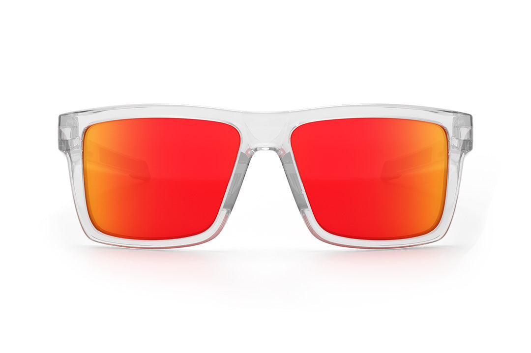 Front view of the Heat Wave Visual Performance Vise Sunglasses with clear frame, sunblast red orange lenses and matching side shields.