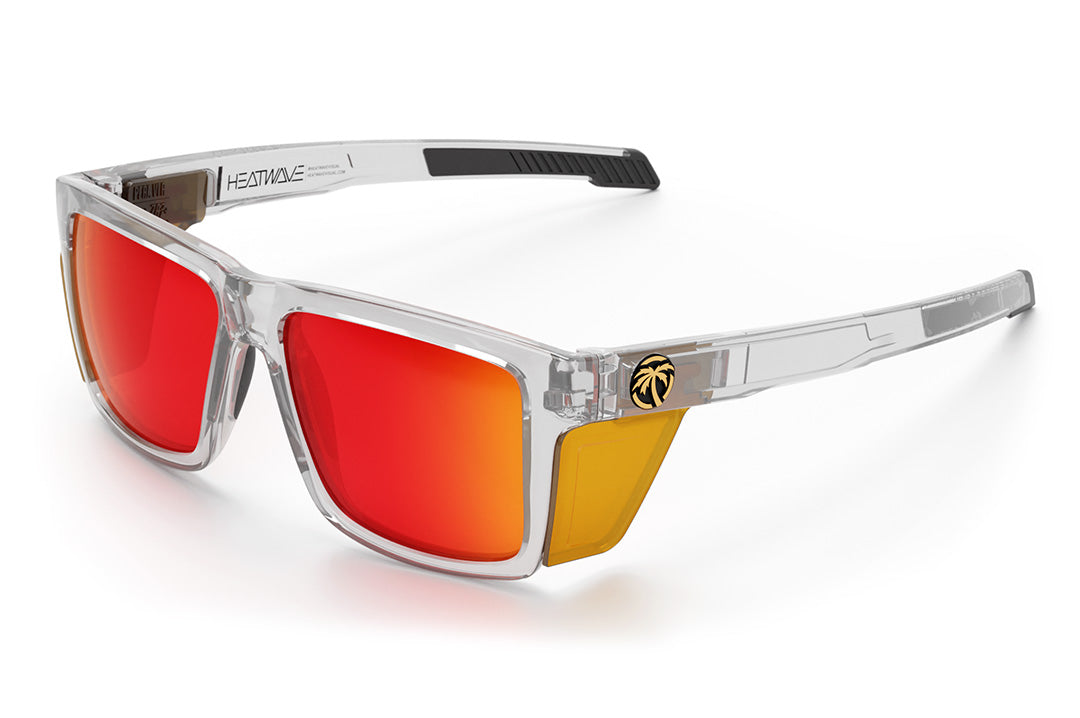Heat Wave Visual Performance Vise Sunglasses with clear frame, sunblast red orange lenses and matching side shields.