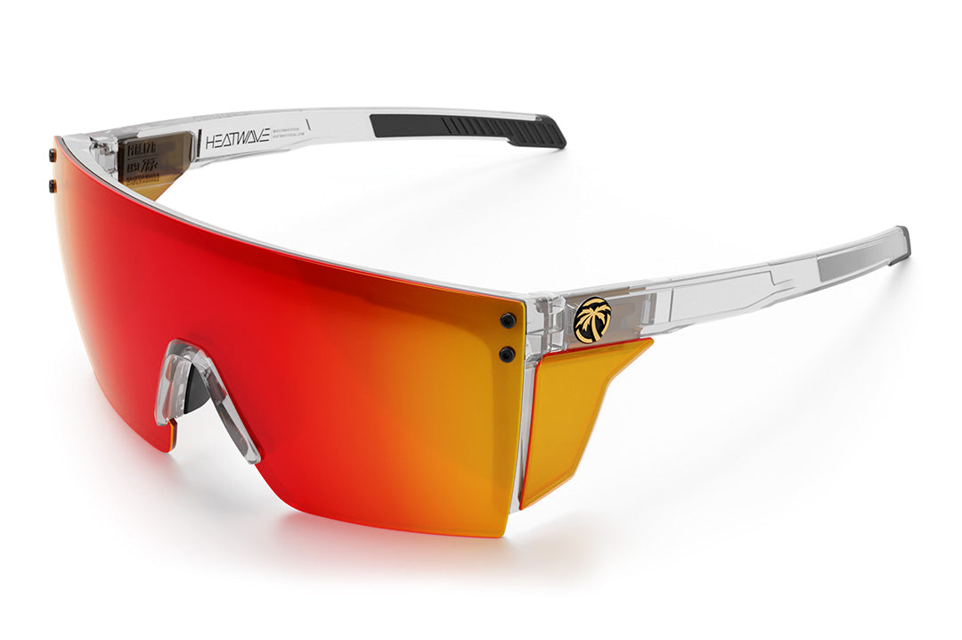 Heat Wave Visual Performance XL Lazer Face Sunglasses with clear frame, sunblast red orange lens and matching side shields.
