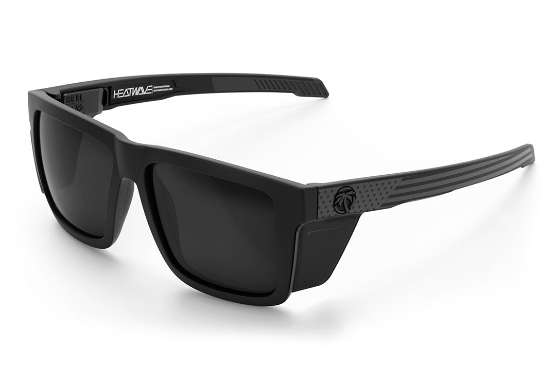 Heat Wave Visual Performance XL Vise Sunglasses with black frame, socom print arms, black lenses and matching side shields.