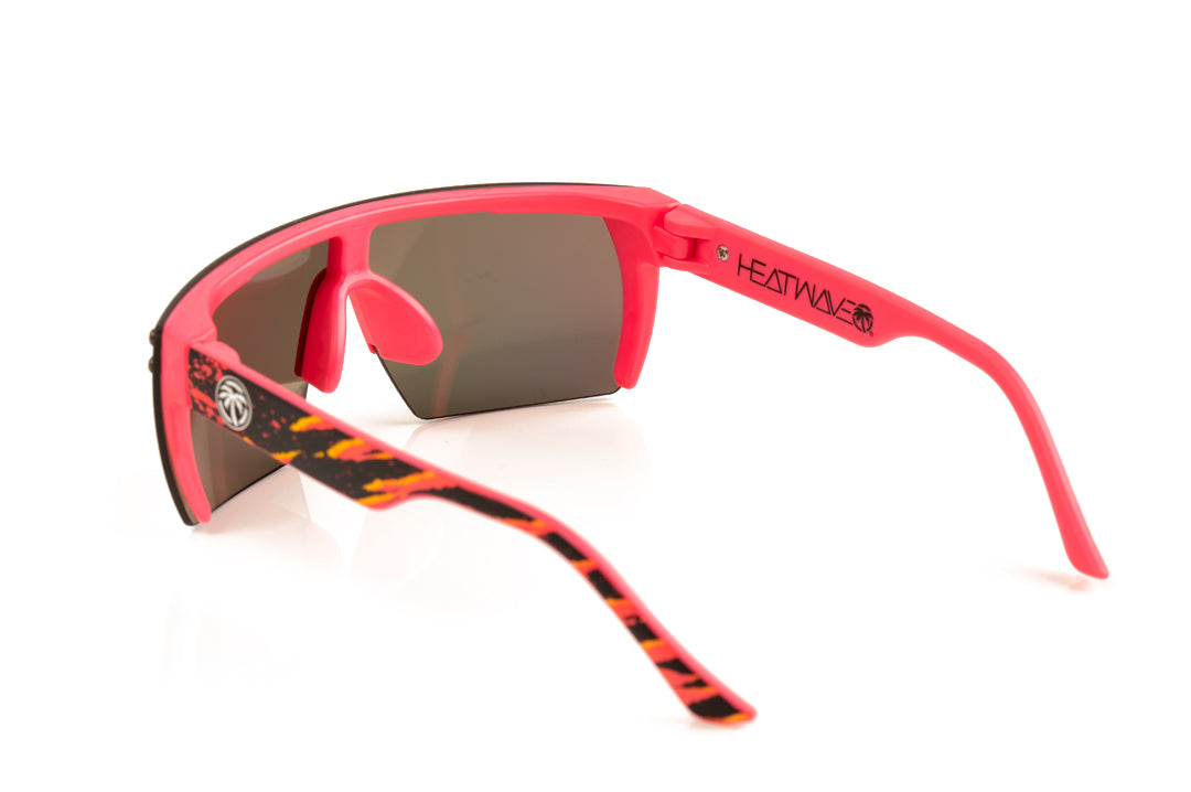 Back of Heat Wave Visual Lazer Face kids sunglasses pink frame, pink splatter print arms and rose gold lens.