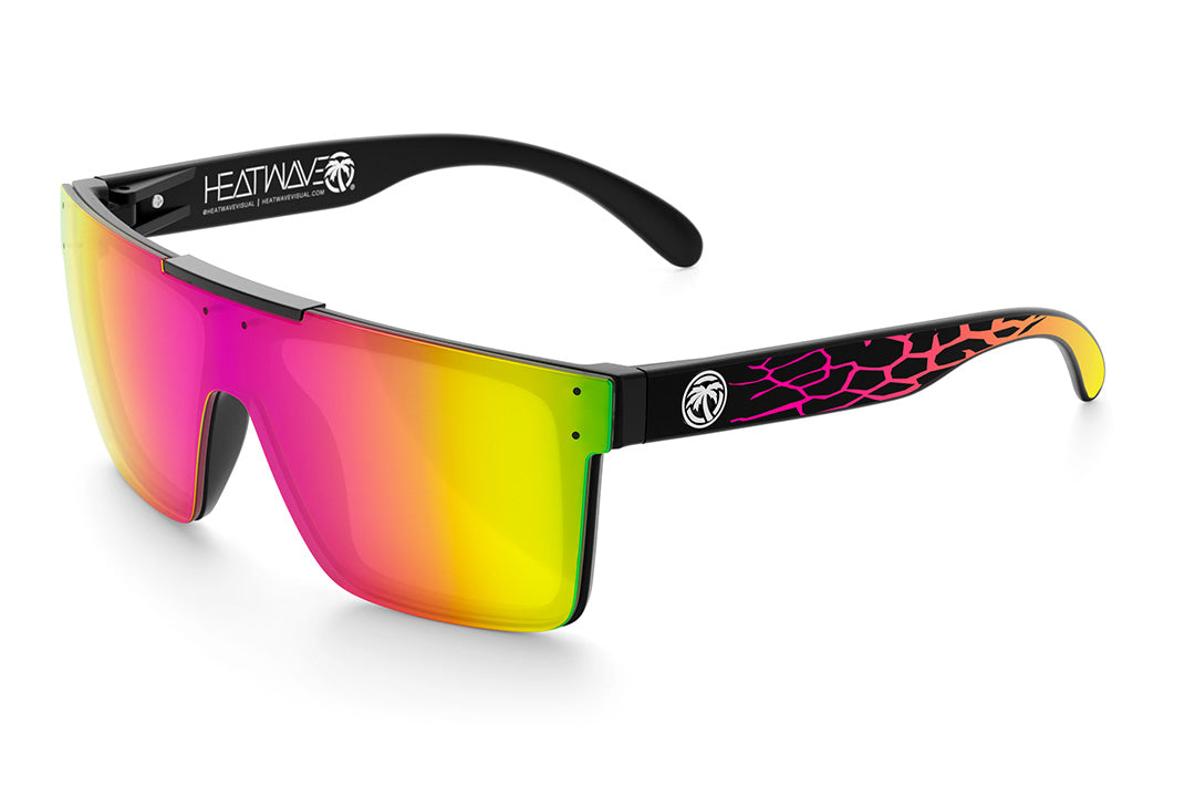 Heat Wave Visual Quatro Sunglasses with black frame, core print arms and spectrum pink yellow lenses.