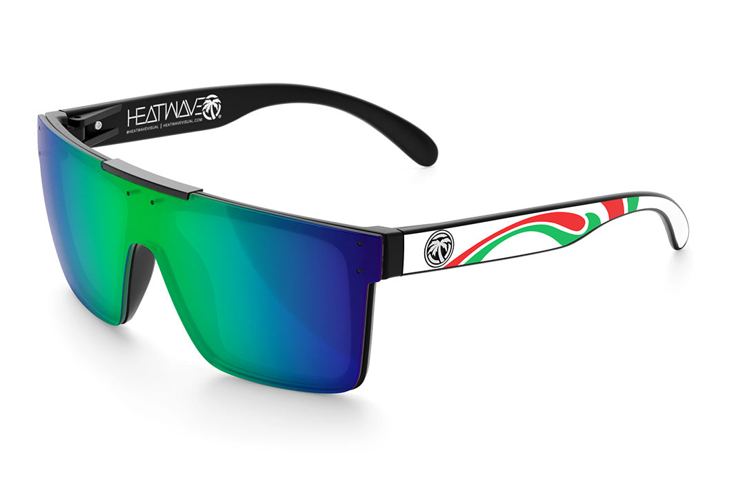 Heat Wave Visual Quatro Sunglasses with black frame, friction print arms and piff green blue lens.