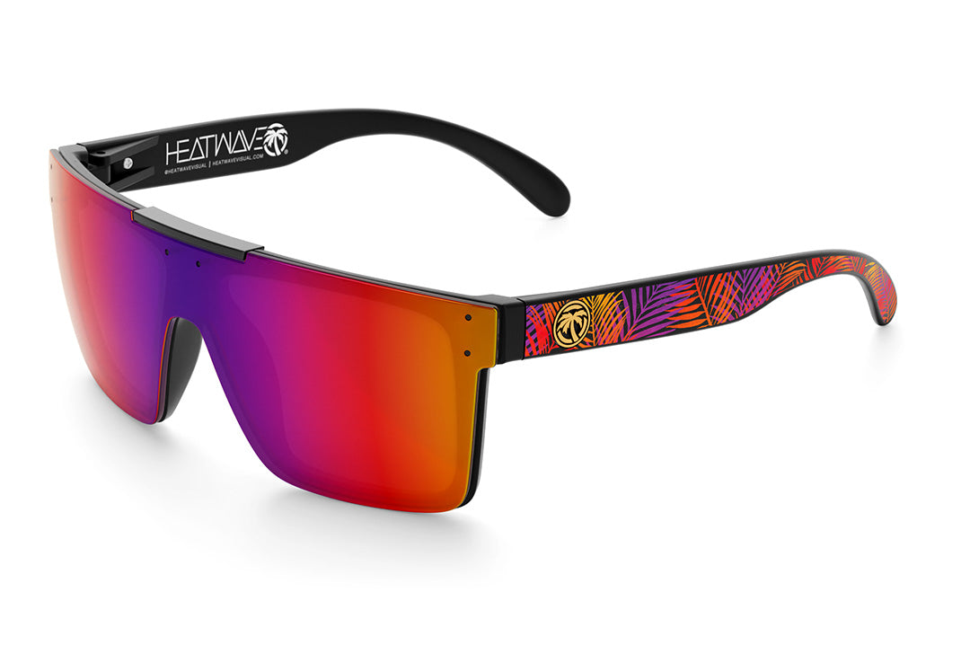 Heat Wave Visual Quatro Sunglasses with black frame, neon palm print arms and atmosphere blue red lens.