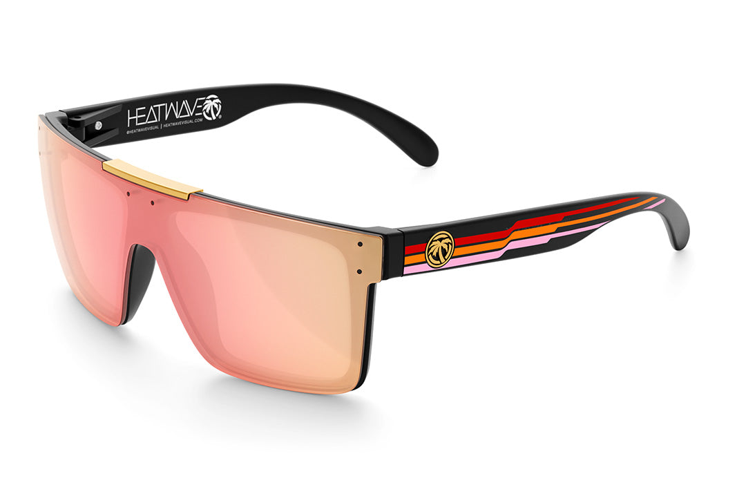 Heat Wave Visual Quatro Sunglasses with black frame, side stripe red print arms and rose gold lens.
