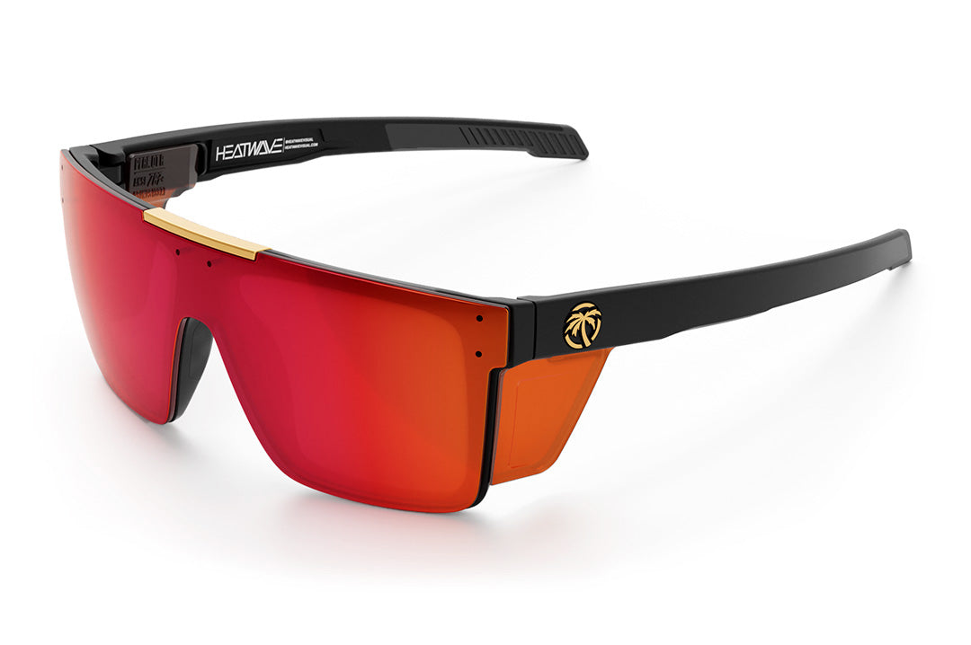Heat Wave Visual Performance Quatro Sunglasses with black frame, red/orange lens and matching colored side shields. 