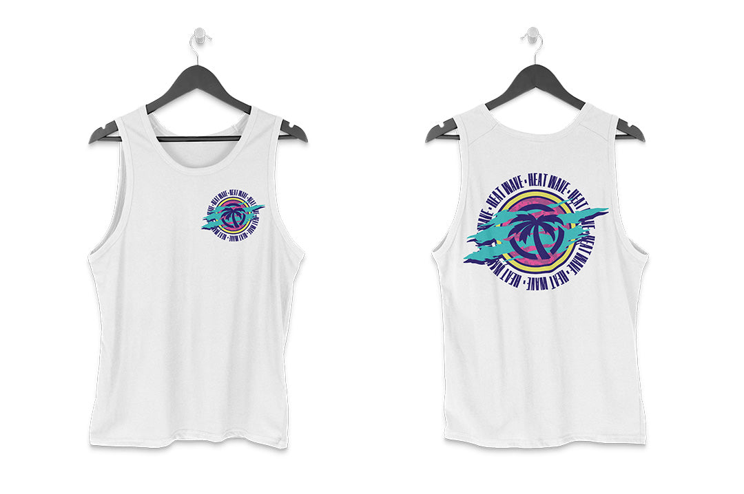 Heat Wave Visual Saved by the Wave Tank Top in white with color logo on the front and back. 
