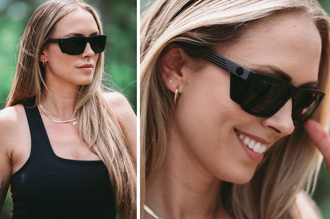 Blond model wearing Heat Wave Performance Vise safety sunglasses with Socom USA Flag arms.