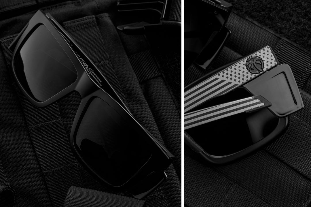 Front view and side view of Heat Wave Performance Vise black safety sunglasses with Socom USA Flag arms.