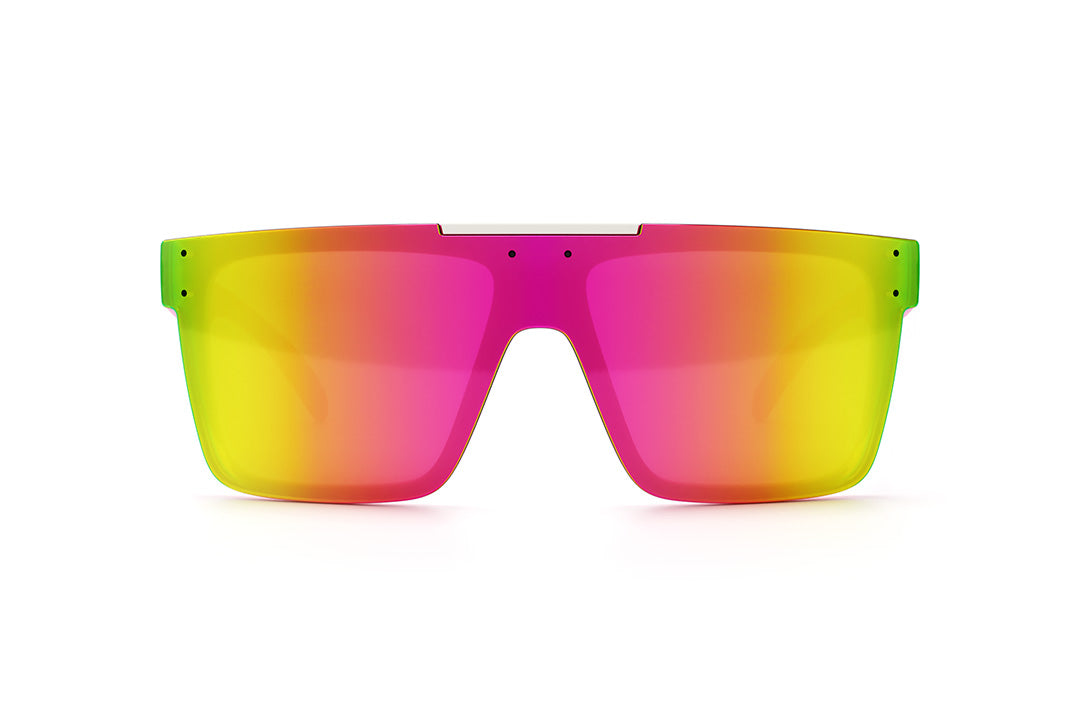 Front of Heat Wave Visual Quatro Sunglasses with pink frame, standup print arms and spectrum pink yellow lens.