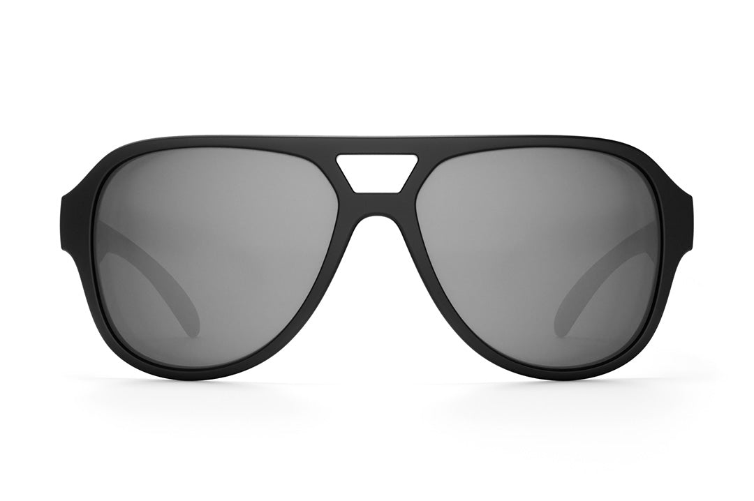 Front of Heat Wave Visual Supercat Sunglasses with black frame, white billboard logo print arms and silver lens.