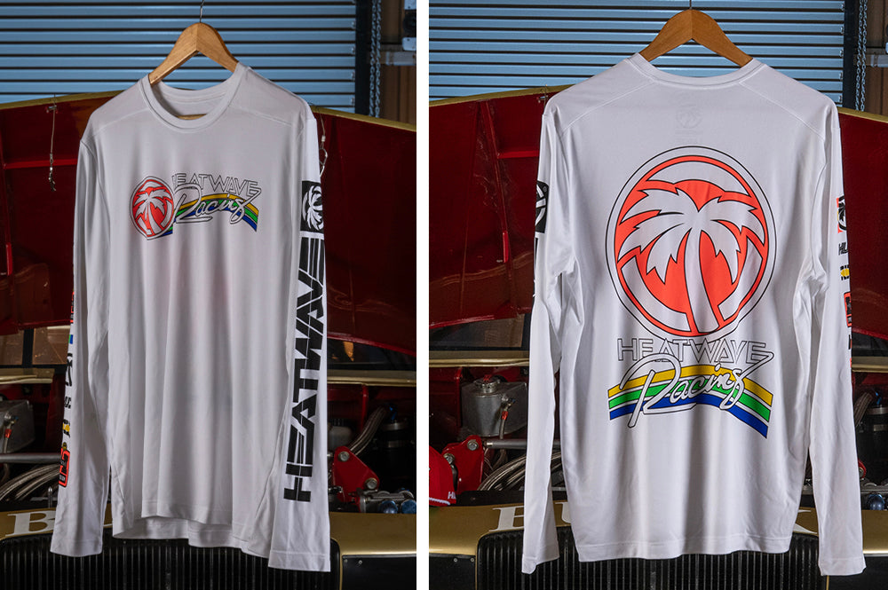 Hanging in front of the Nascar is the Heat Wave Visual Trading Paint White UPF Longsleeve.